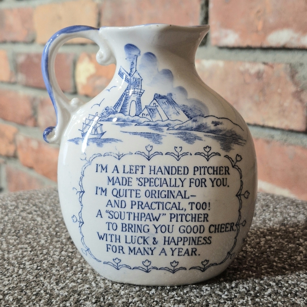 Vintage Left-Handed Southpaw Pitcher Delft Style Japan Blue White Windmill